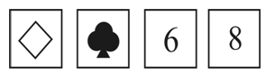 以下4张卡片均为一面是图案，另一面是阿拉伯数字。现在断定：如果一面是梅花，那么另一面是6。如果要检验 