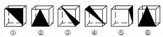 从正方体中裁出如下图所示六个不同的三角形，将其分为两类，使每一类图形都有各自的共同特征或规律，分类正 