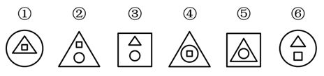 把下面六个图形分为两类，使每一类图形都有各自的共同特征或规律，分类正确的一组是：【2019吉林乙05 