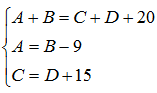 A、B、C、D四个小朋友进行分组跳绳比赛，结果A与B两个小朋友比C与D两个小朋友多跳20个。又已知A 