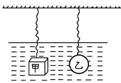 如下图所示，完全相同的两根弹簧，下面挂两个质量相同、形状不同的实心铁块，其中甲是立方体，乙是球体。现 