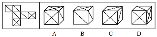 左边给定的是纸盒外表面的展开图，右边哪一项能由它折叠而成？请把它找出来。【2019江苏B086】 