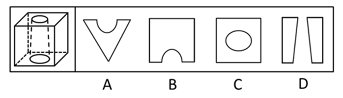 下列的立体图形是立方体中挖出一个圆锥台孔后形成的，如果从任一面剖开，以下哪一个不可能是该立体图形的截 