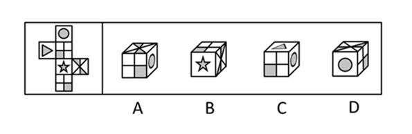 左边给定的是纸盒外表面的展开图，右边哪一项能由它折叠而成：【2015联考/福建075】 