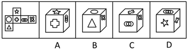 右图的四个图形，只有一个是由左面的纸板向外折叠而成。请选出正确的一个：【2009安徽079】 