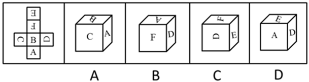 右图的四个图形，只有一个是由左面的纸板向外折叠而成。请选出正确的一个：【2009安徽080】 