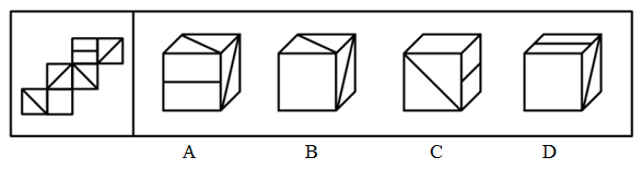 左边给定的是纸盒的外表面，下面哪一项能由它折叠而成：【2010国考065】 