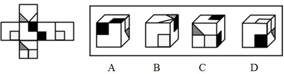左边给定的是纸盒外表面的展开图，右边哪一项能由它折叠而成？请把它找出来。【2018江苏A087/江苏 