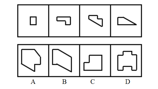 选项四个图形中，只有一个是由题干的四个图形拼合（只能通过上、下、左、右）而成的，请把它找出来。【20 