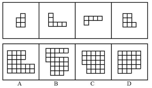 选项四个图形中，只有一个是由题干的四个图形拼合（只能通过上、下、左、右）而成的，请把它找出来。【20 