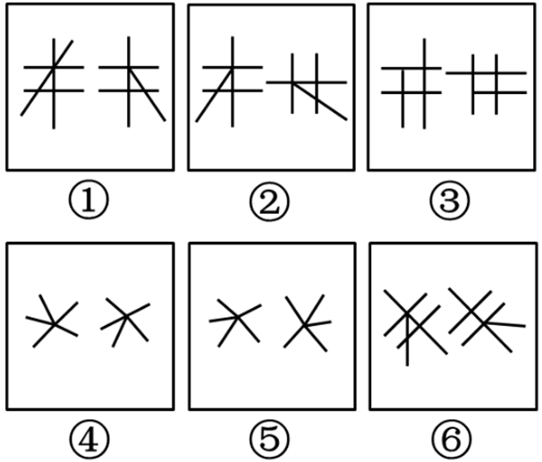 把下面的六个图形分为两类，使每一类图形都有各自的共同特征或规律，分类正确的一项是：【2011国考09 