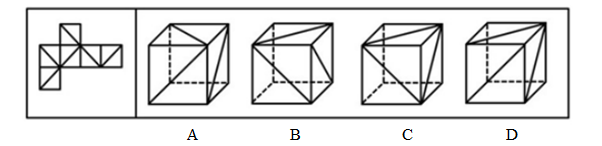 右图的四个图形，只有一个是由左面的纸板向外折叠而成。请选出正确的一个：【2012-江苏B-115】 