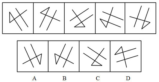 从四个图形中选出最适合的一个，使得它保持题干五个图形所呈现的规律性：【2010江苏C048】 