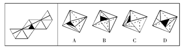 右图的四个图形，只有一个是由左面的纸板向外折叠而成。请选出正确的一个：【2013江苏B115】 