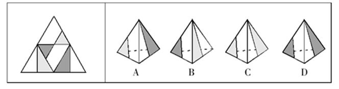 右图的四个图形，只有一个是由左面的纸板向外折叠而成。请选出正确的一个：【2013江苏C052】 