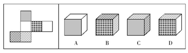 右图的四个图形，只有一个是由左面的纸板向外折叠而成。请选出正确的一个：【2013江苏C055】 