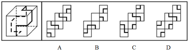 左侧立方体的6个面上有一条连续且封闭的线。如果将这个正方体摊开，应是右侧图形中的：【2011上海B1 