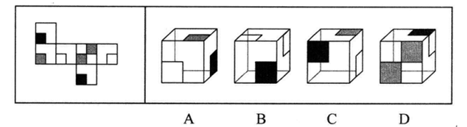 左边给定的是纸盒外表面的展开图，右边哪一项能由它折叠而成？请把它找出来。【2015江苏B060】 