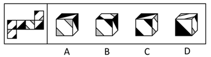 左边给定的是纸盒外表面的展开图，右边哪一项能由它折叠而成：【2015江苏C055】 