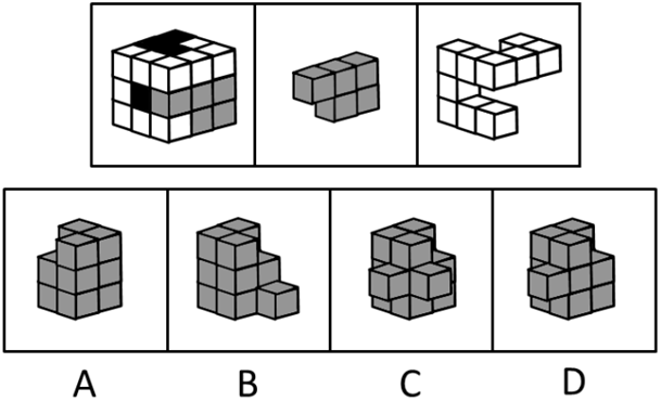 下列所给的图形左侧是一个完整的立方体，中间和右侧再加上下列哪个选项就可以构成左侧完整的立方体？【20 