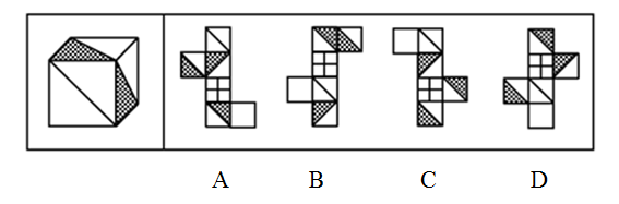 左边给定的是立方体，右边哪一项是它的外表面展开图？请把它找出来。【2021江苏A090/江苏C090 