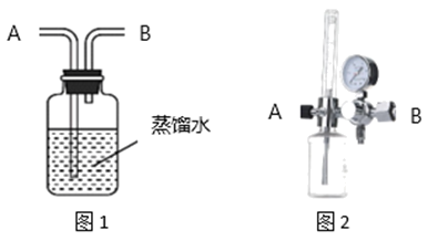 医院吸氧的氧气吸入器（图2），其作用原理与图1类似，关于该装置，下列说法错误的是： 