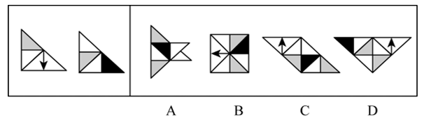 右边四个图形中，只有一个是由左边的两个图形组合（只能通过上、下、左、右平移，在平面上旋转、重叠覆盖） 