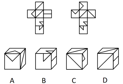 以下为2个正方体纸盒的外表面展开图，其折叠后不可能的是：【2022四川下057】 