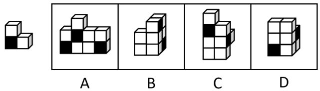 左侧立体图形仅有图中所示的一个正方形面为黑色，则下列选项最不可能由三个左侧图形构成的是：【2023广 