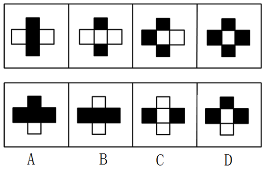 从A、B、C、D四个图形中选出最合适的一个，使得它保持上边四个图形所呈现的规律性：【2011联考/福 