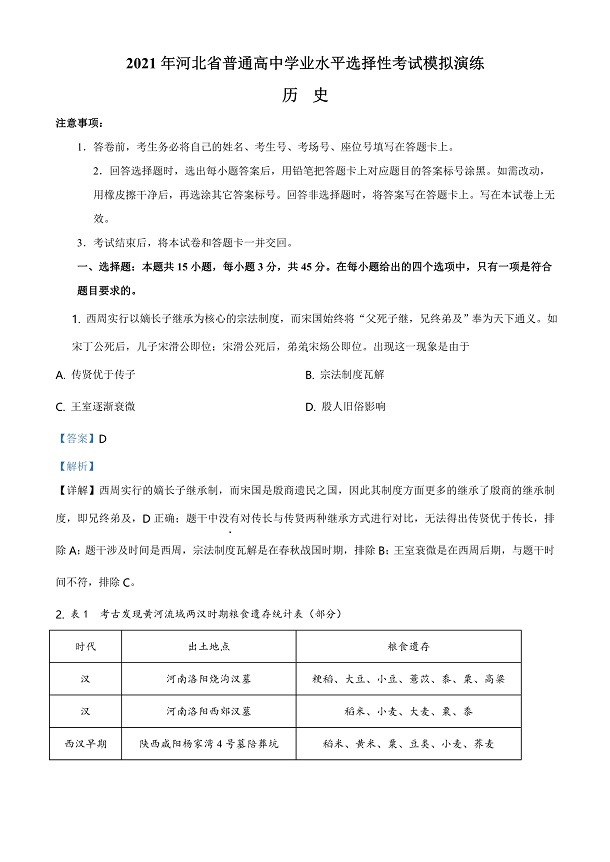 2021年八省联考河北历史试题及答案