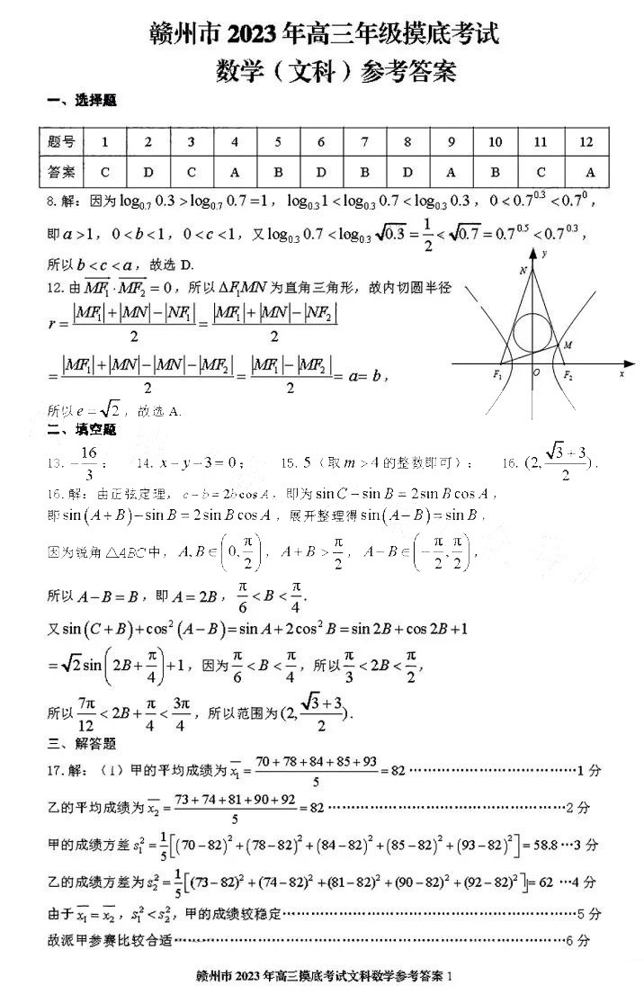 2023赣州一模高三考试文科数学答案解析