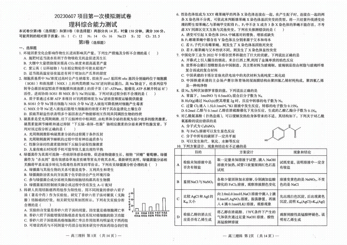 2023南昌一模理综试卷以及答案解析