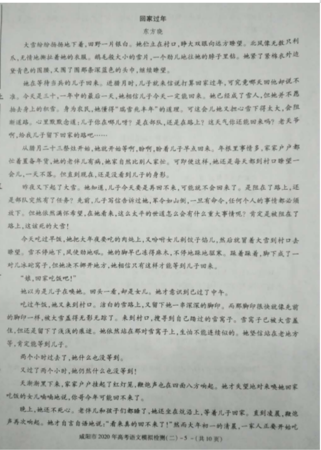 2020届陕西咸阳市语文高考模拟检测试题  ​